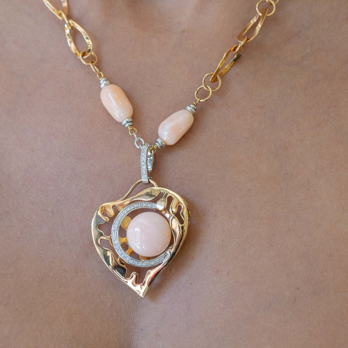 Pink Coral Collier Necklace in 18kt White and Yellow Gold with Diamond Surround