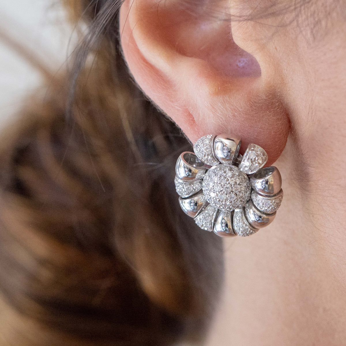 18KT White Gold Flower Fantasy Earrings with Central Diamond Pavè and Gold and Diamond Petals