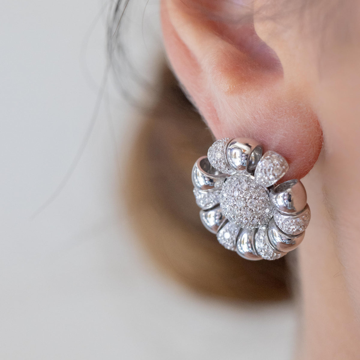 18KT White Gold Flower Fantasy Earrings with Central Diamond Pavè and Gold and Diamond Petals