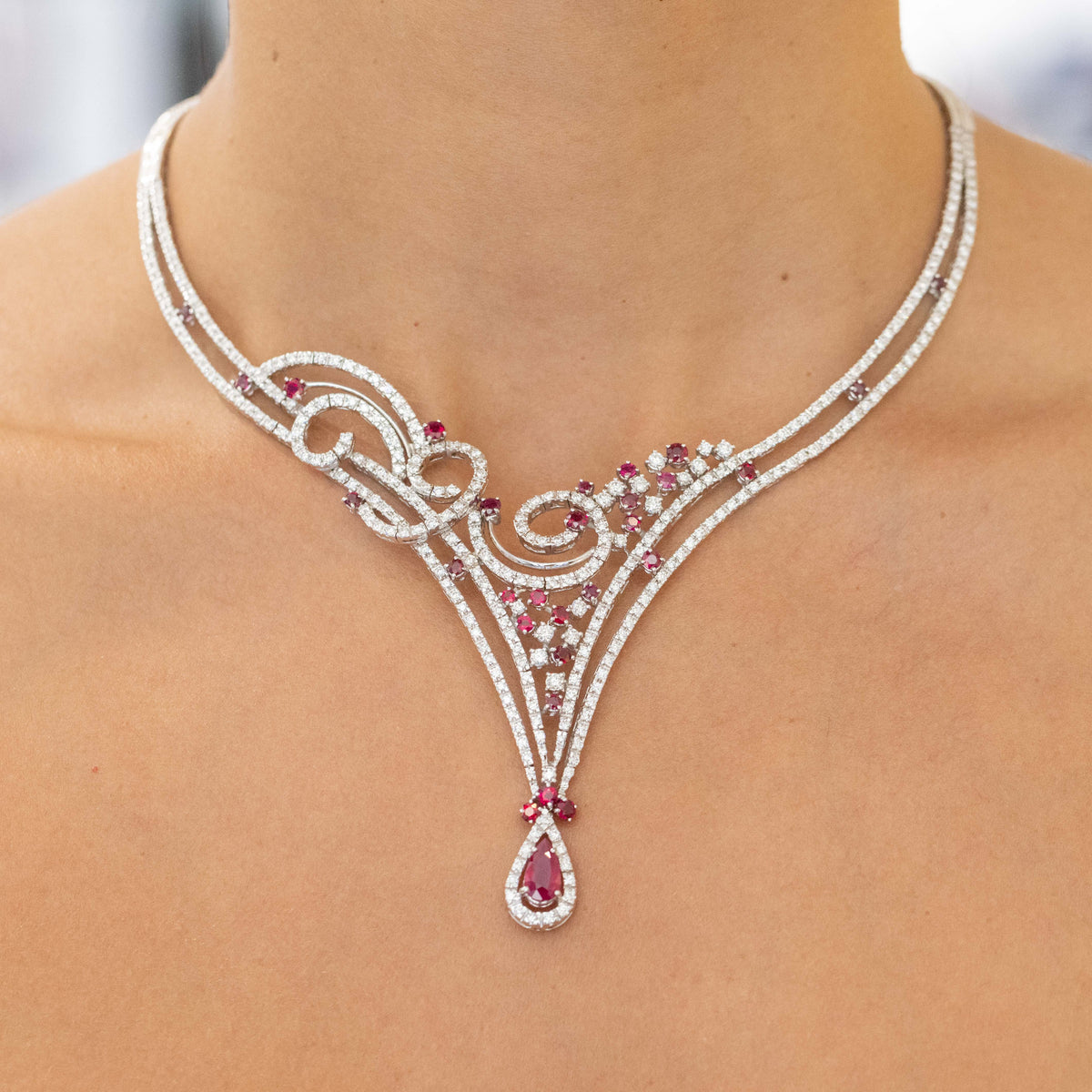 Collier Luminarie Necklace in 18KT White Gold with Drop Cut Ruby Pendant, Scattered Round Brilliant Rubies and Diamonds