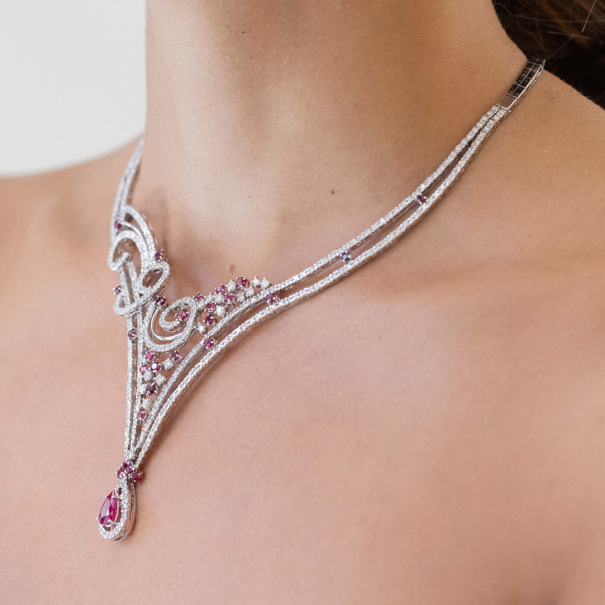 Collier Luminarie Necklace in 18KT White Gold with Drop Cut Ruby Pendant, Scattered Round Brilliant Rubies and Diamonds