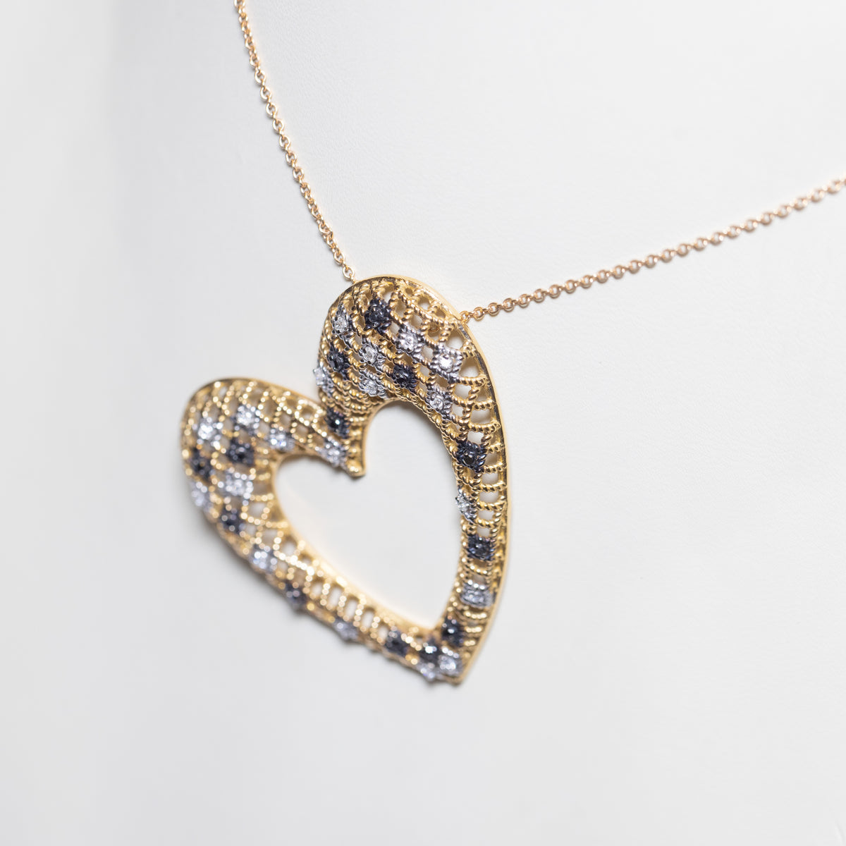 18k Yellow Gold Heart Shape Necklace with White and Black Diamonds