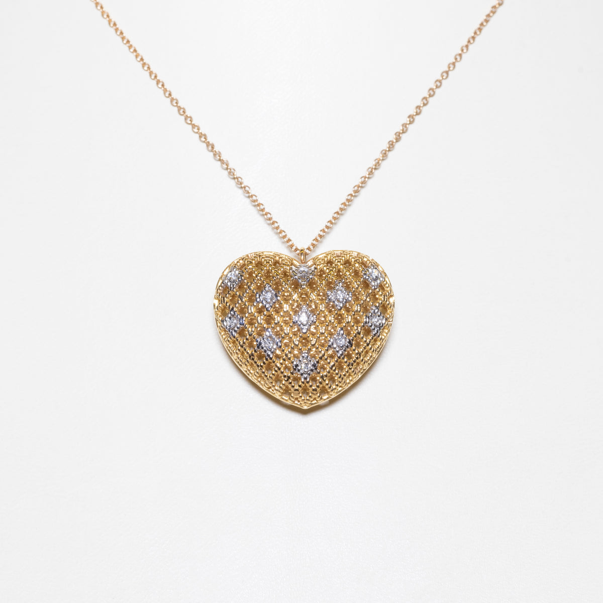 18KT Yellow Gold Heart Shape Pendant Necklace with Scattered Round Brilliant Cut Diamonds
