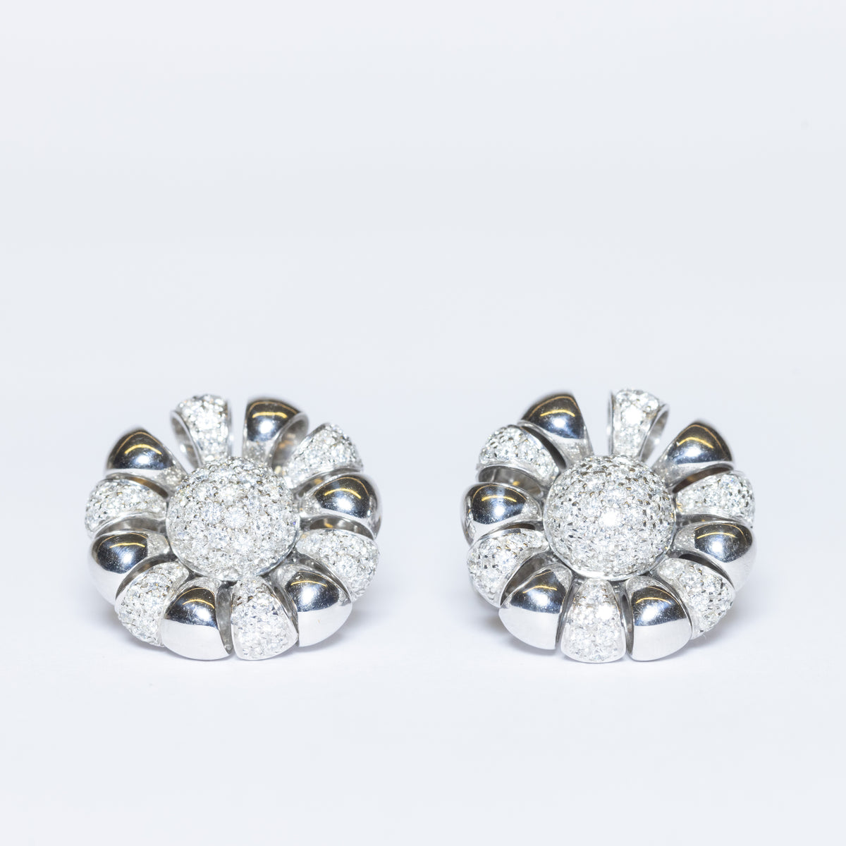 18KT White Gold Flower Fantasy Earrings with Central Diamond Pavè and Gold and Diamond Petals