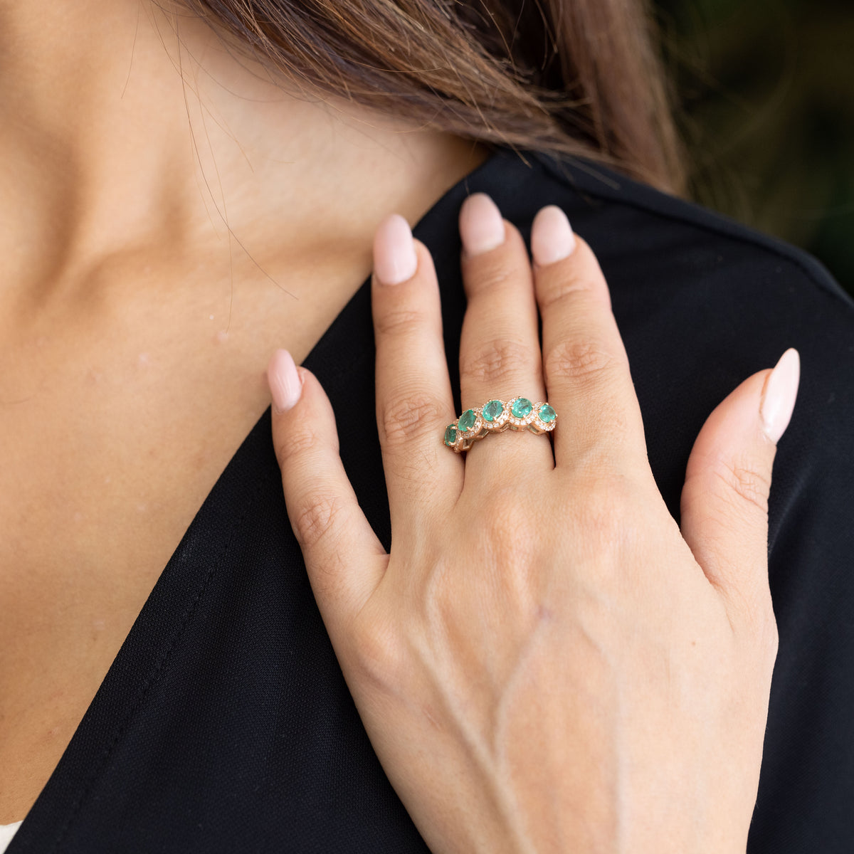 18KT Rose Gold Veretta Ring with Oval Cut Emeralds and Diamonds