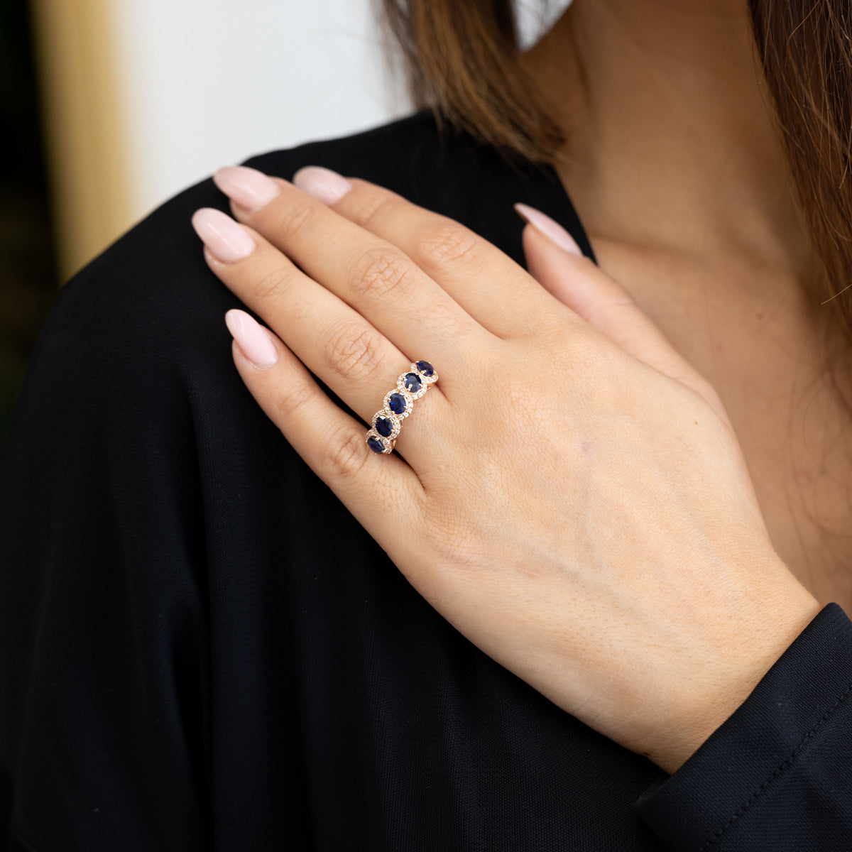 18kt Rose Gold Veretta Ring with Oval Cut Sapphires and Diamonds