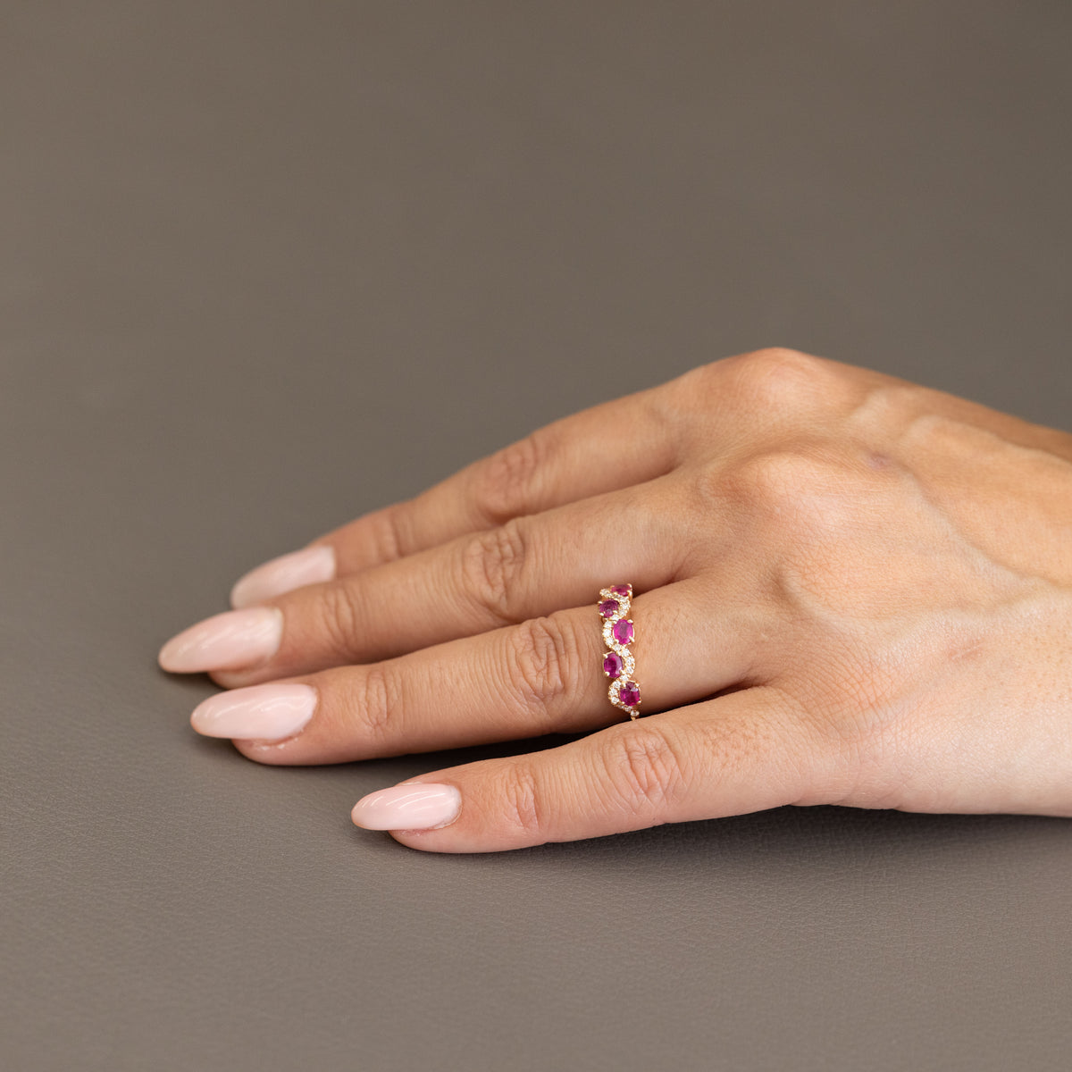 18kt Rose Gold Ring Fantasy Model with Oval Cut Rubies and Diamonds