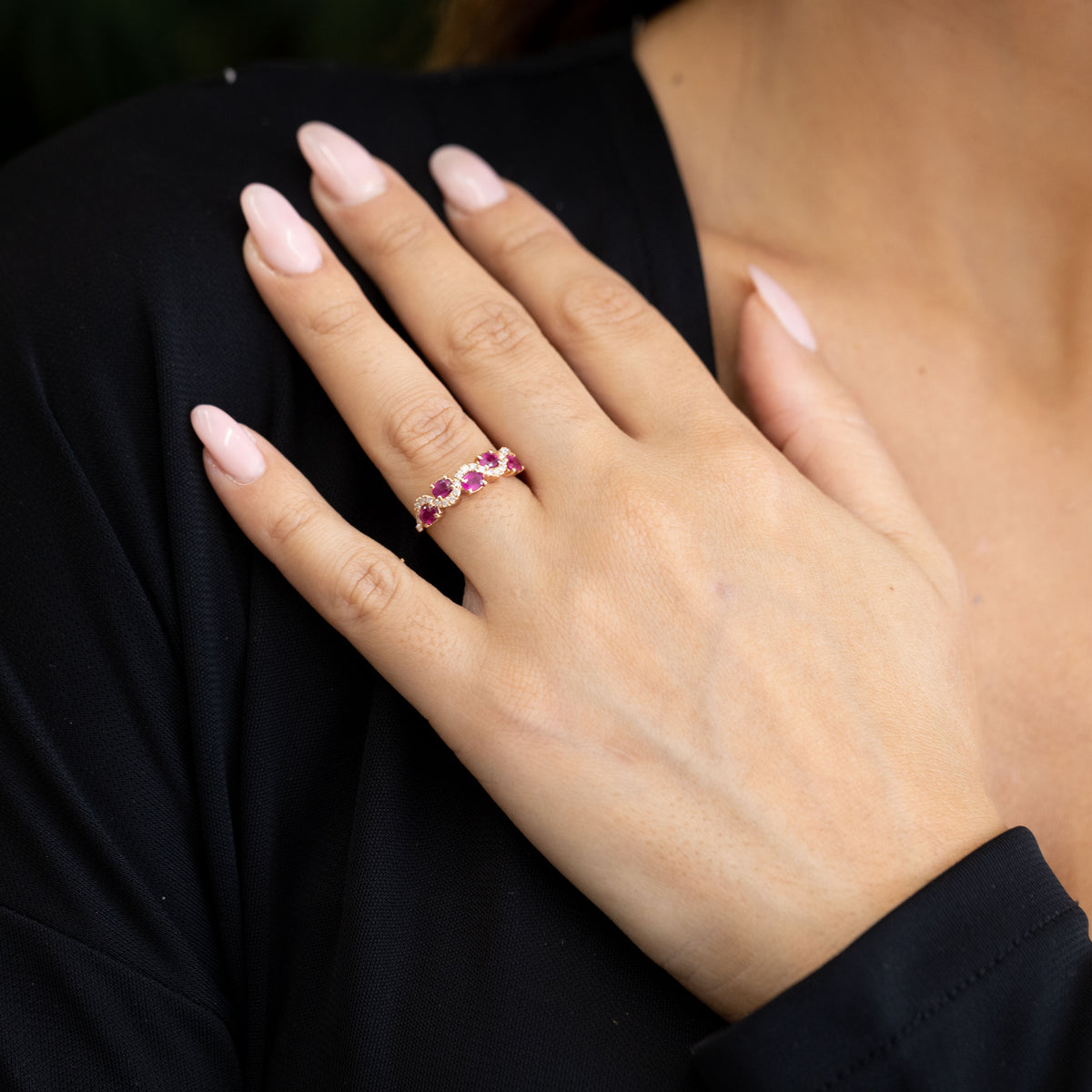 18kt Rose Gold Ring Fantasy Model with Oval Cut Rubies and Diamonds