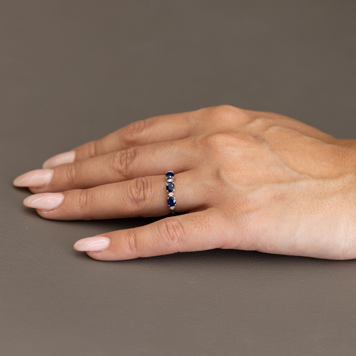 18kt White Gold Trilogy Ring With Oval Cut Sapphires and Diamonds