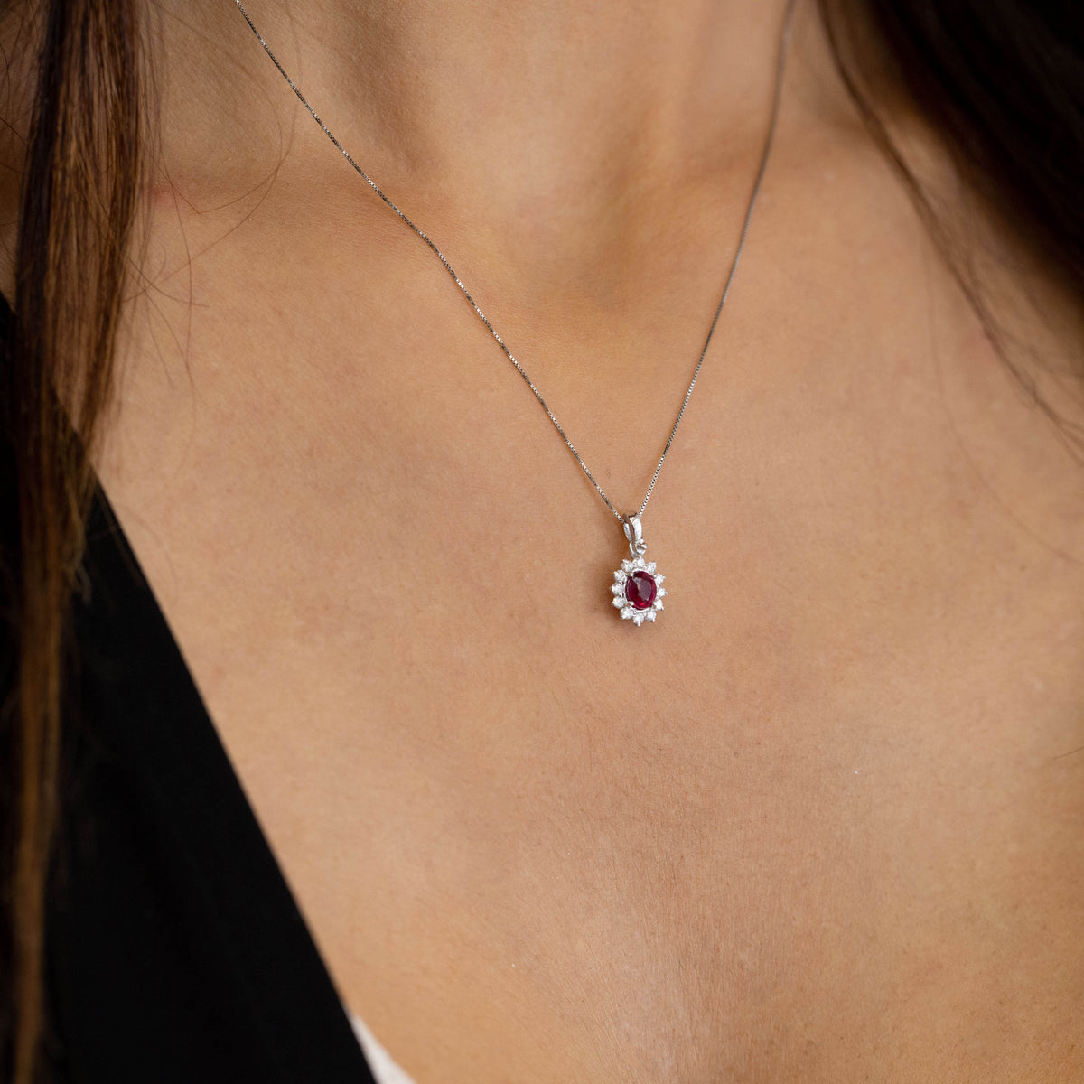 18kt White Gold Necklace with Oval Cut Ruby with Diamonds