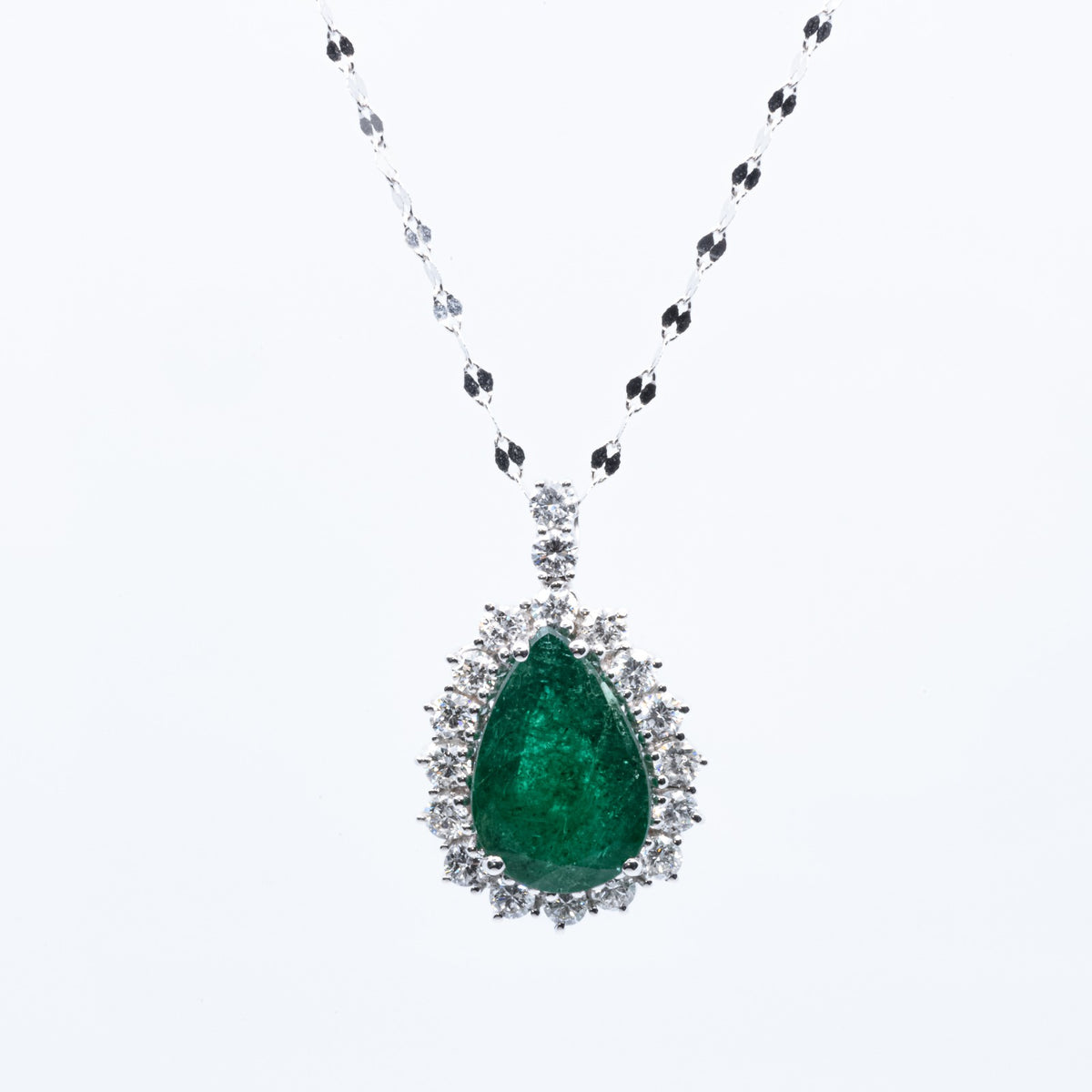 Emerald Drop Pendant Surrounded by Diamonds in 18kt White Gold