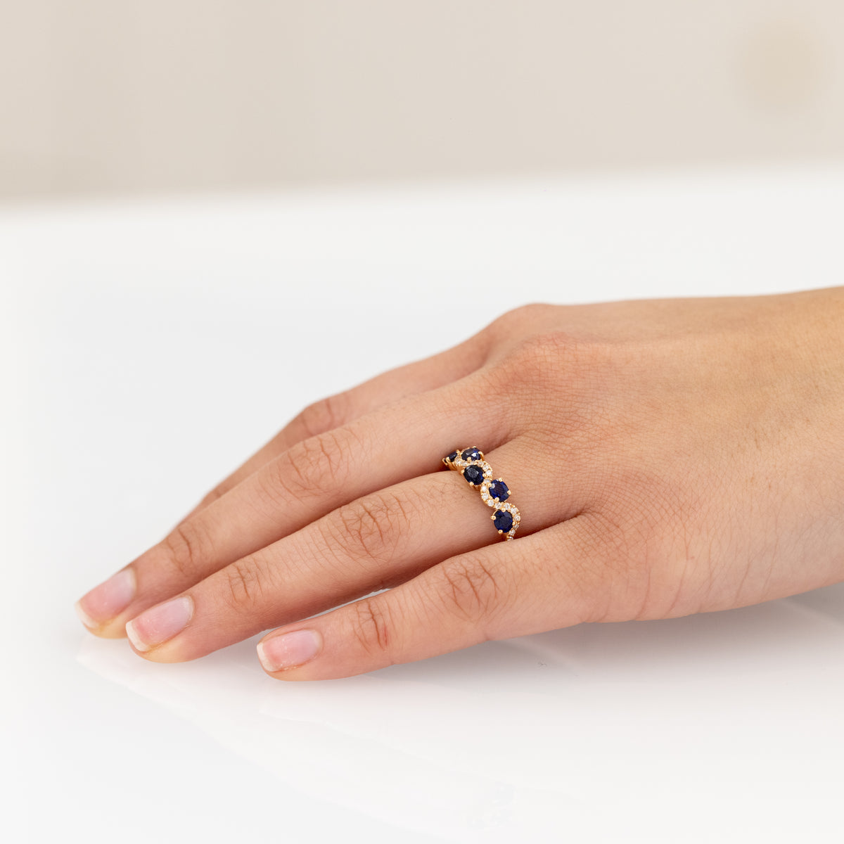 18KT Rose Gold Ring Fantasy Model with Oval Cut Sapphires and Diamonds
