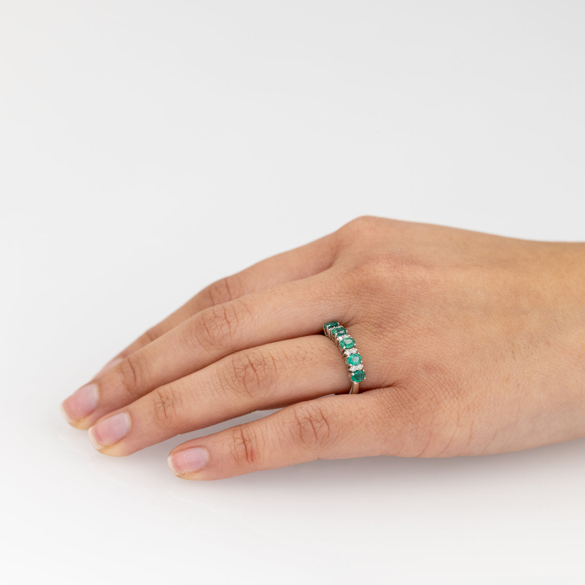 18KT White Gold Veretta Ring With Emeralds and Diamonds