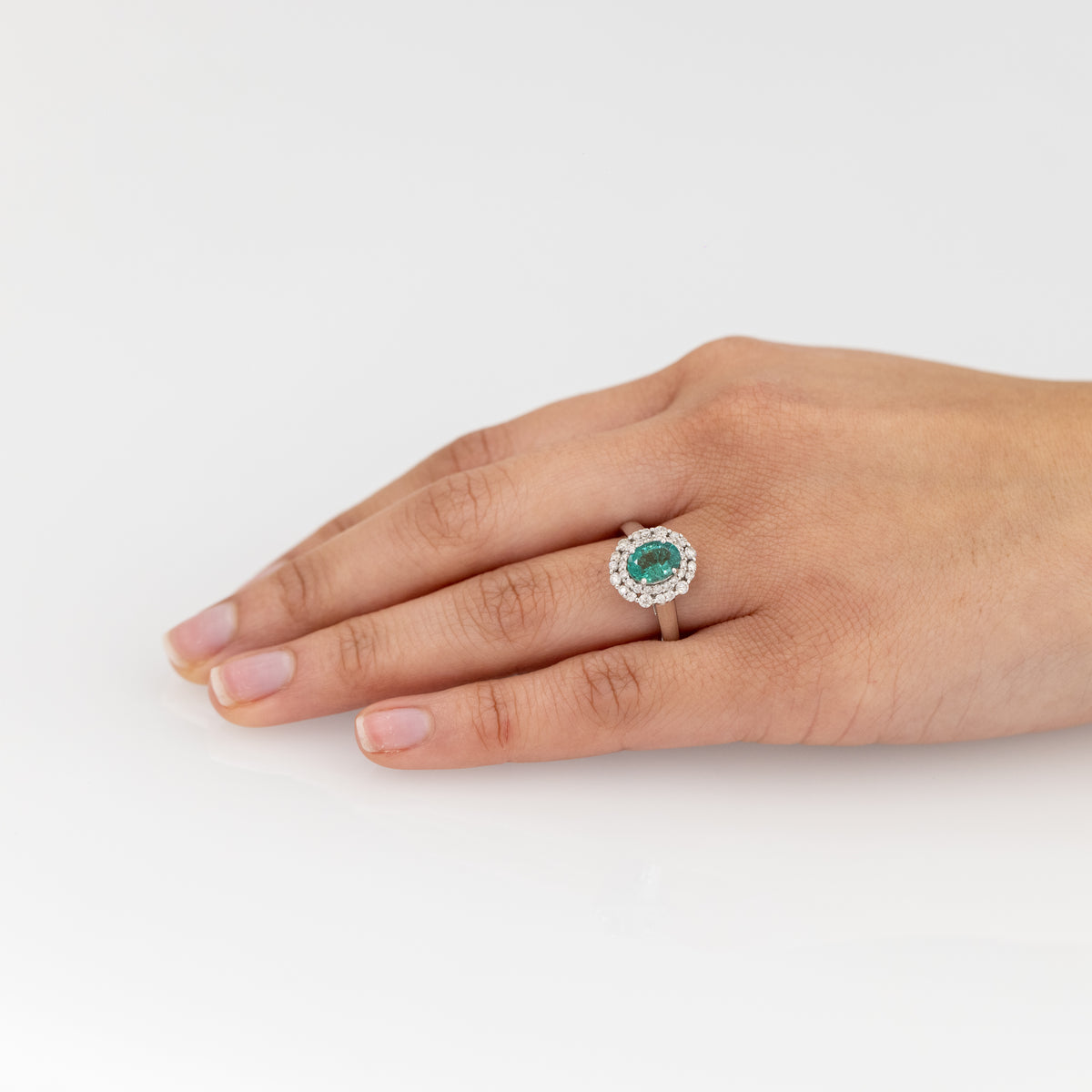18 KT White Gold Ring With Central Emerald and Double Row of Diamonds