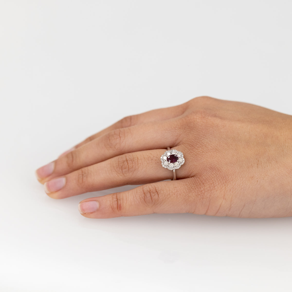 18 KT White Gold Flower Fantasy Ring With Central Ruby and Double Row of Diamonds