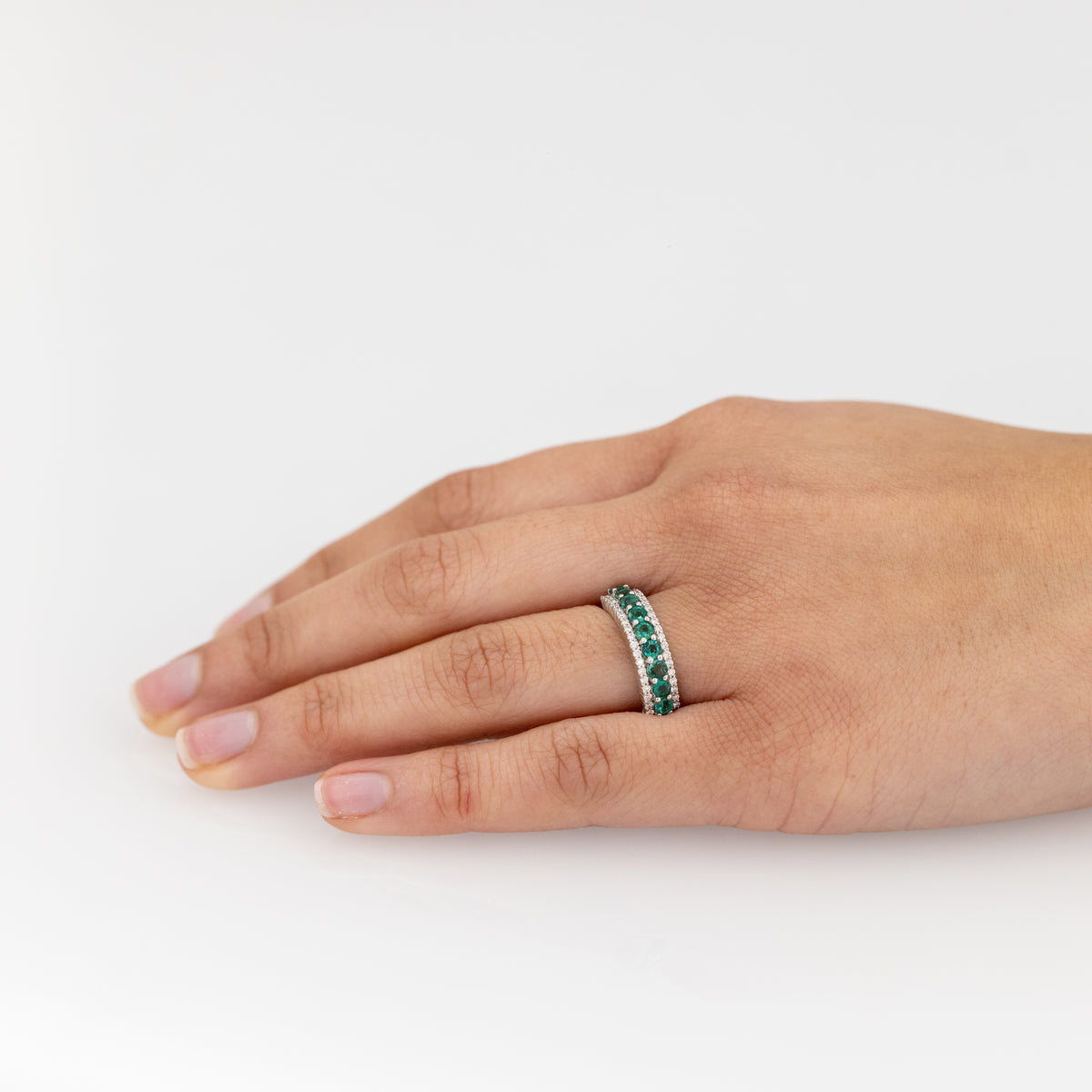 18KT White Gold Band Ring With Emeralds and Diamonds