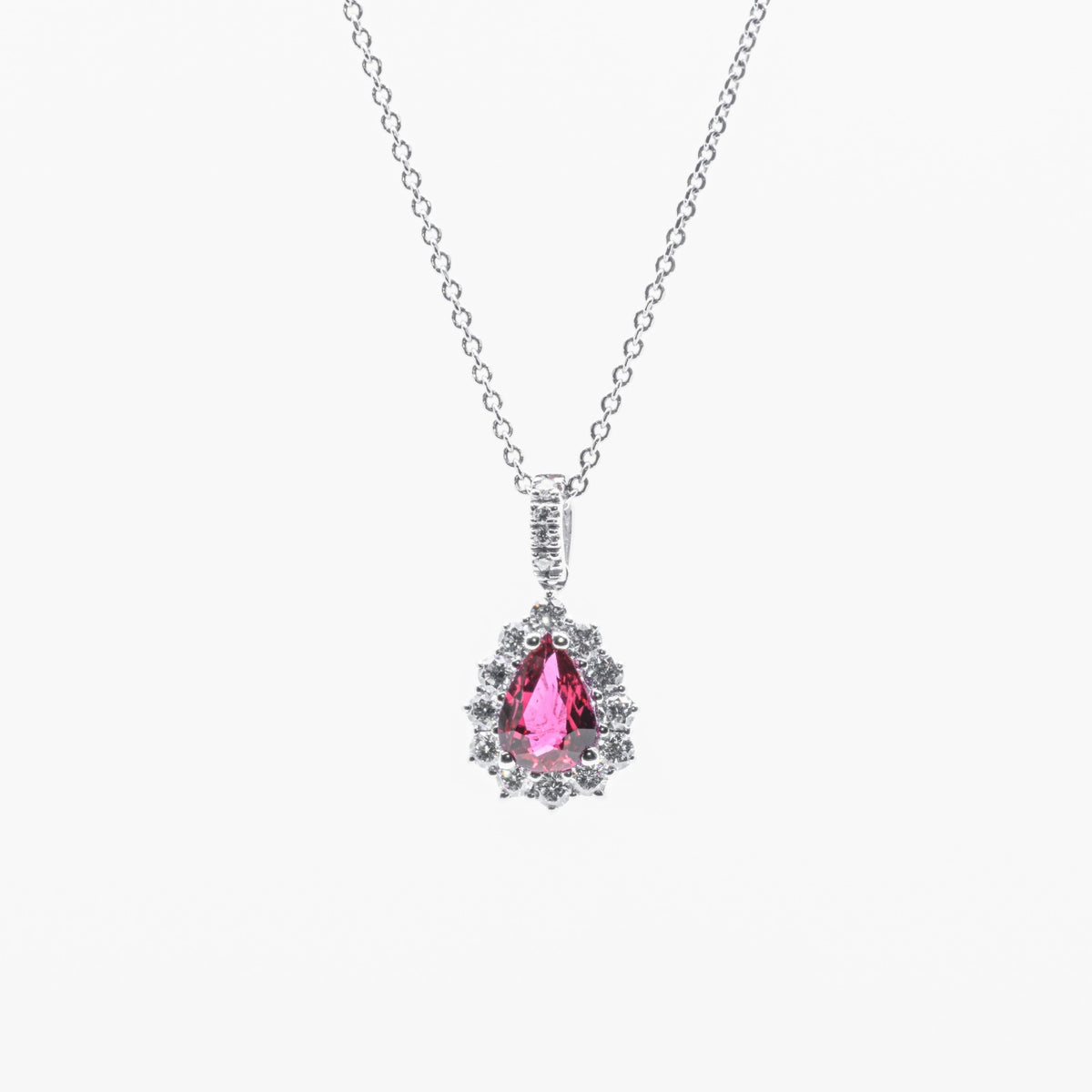 Central Ruby Necklace Surrounded by Diamonds in 18kt White Gold