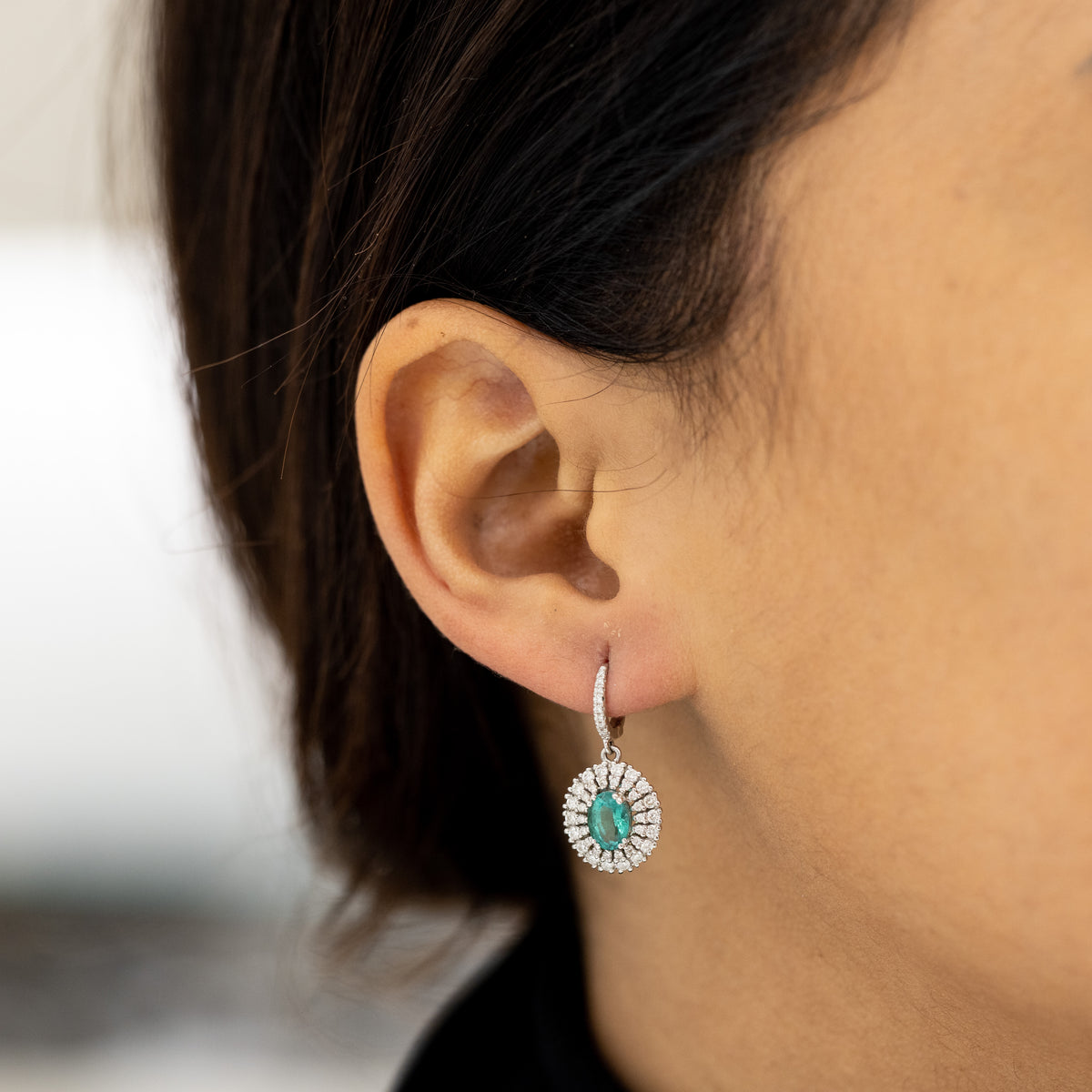 18KT White Gold Pendant Earrings With Emerald and Double Row of Diamonds