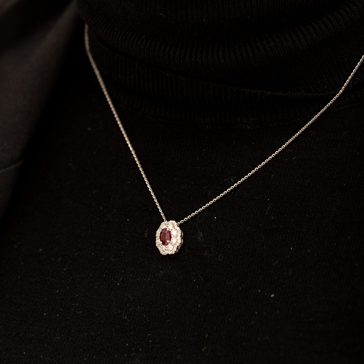 18KT White Gold Necklace With Central Ruby and Double Row of Flower-Shaped Diamonds