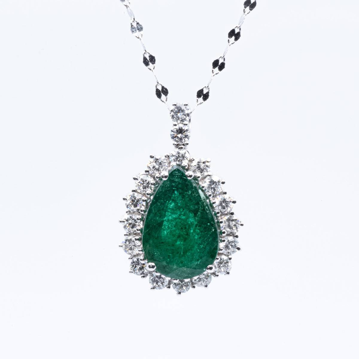 Emerald Drop Pendant Surrounded by Diamonds in 18kt White Gold
