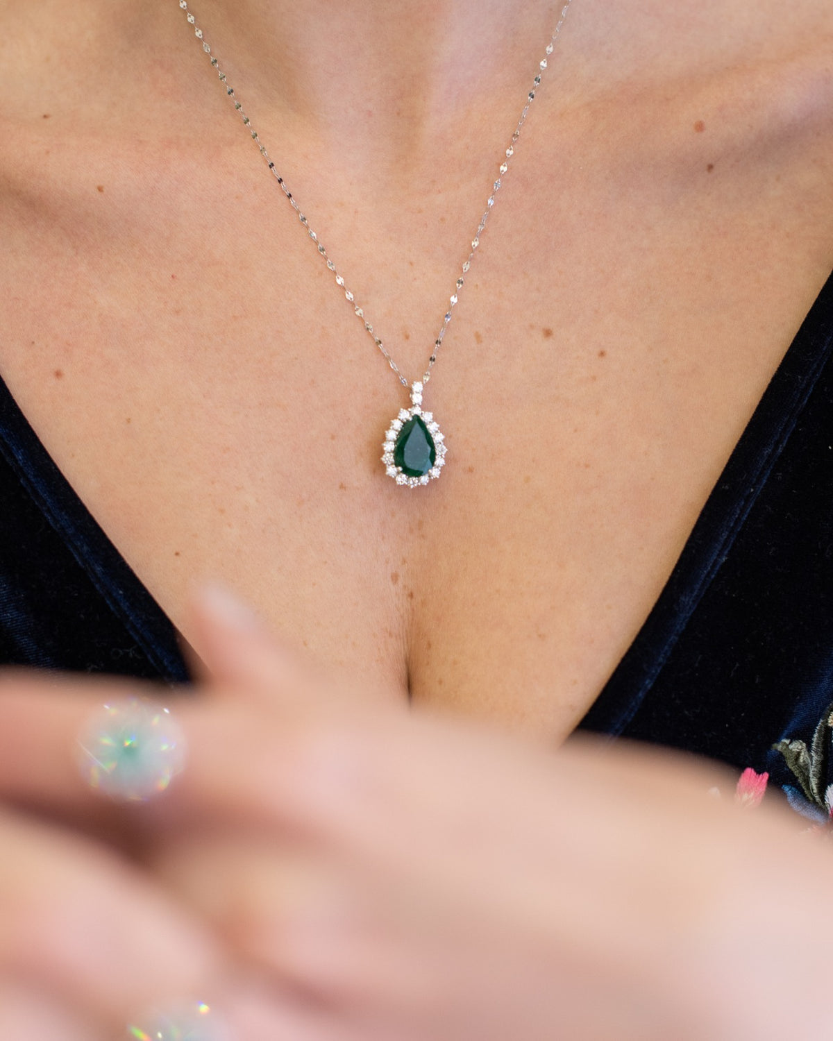 Emerald Drop Pendant Surrounded by Diamonds in 18kt White Gold