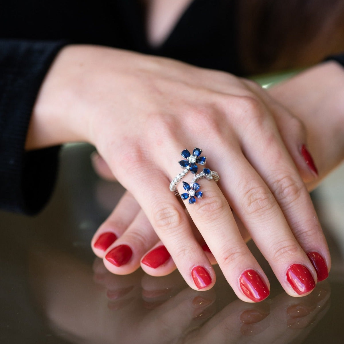 Sapphire and Diamond Petal Ring in 18kt White Gold