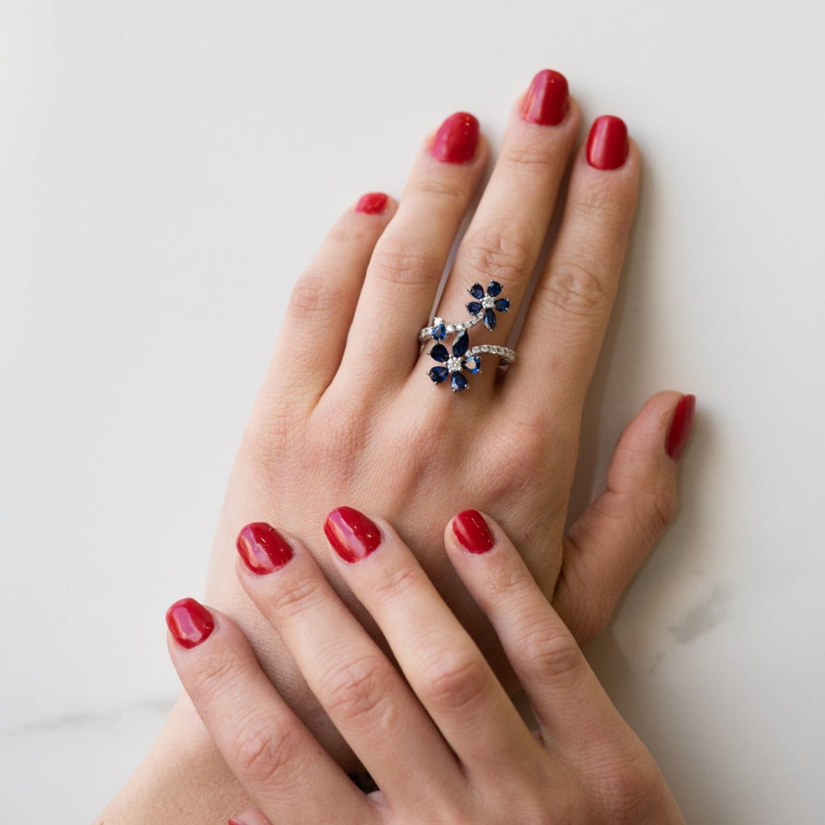 Sapphire and Diamond Petal Ring in 18kt White Gold